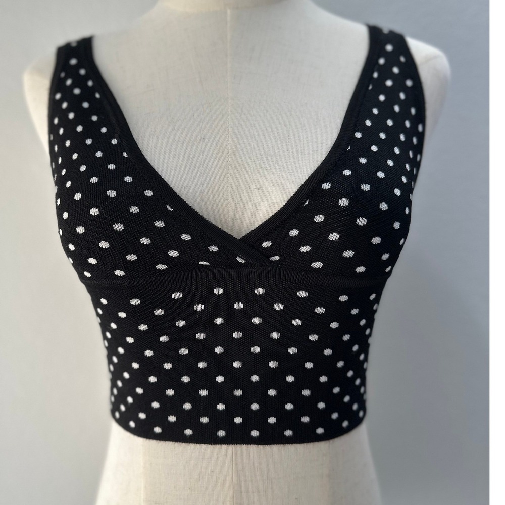 Zara Crop Top Women S Black Polka Dot Knit V-Neck Retro‎ Pinup Chic